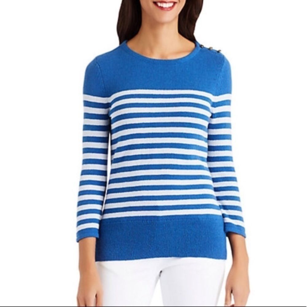 J. McLaughlin Blue White Striped Nautical Knit Sweater small​​​​​​​​​​​​​​